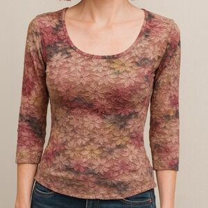 STAR CCC 90s Lace Floral Print 3/4 Sleeve Scoop Neck Top Small Fairy Slims